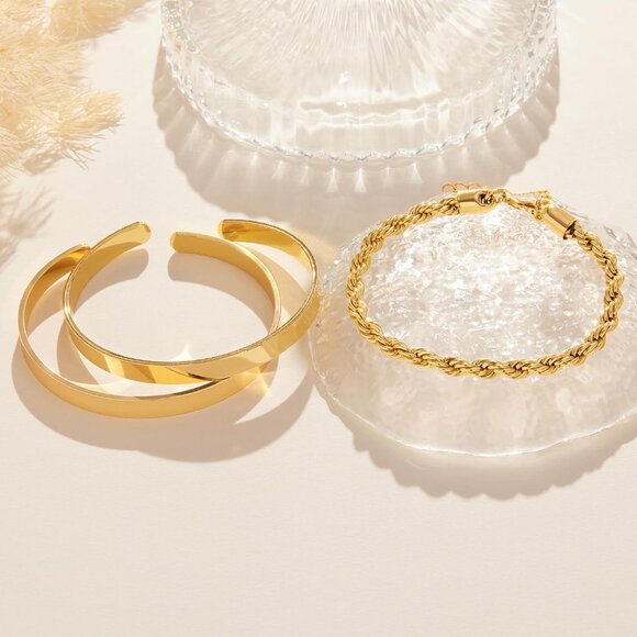 Women's Non Tarnish Dainty 14K Gold Plated Bangle Cuff Bracelets Stack Jewelry - Picture 7 of 9